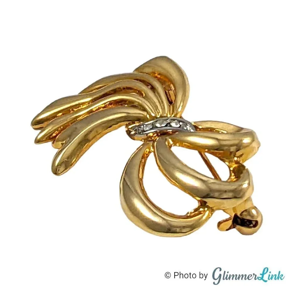Vintage Gloria Vanderbilt Rhinestone Bow Brooch Gold Tone